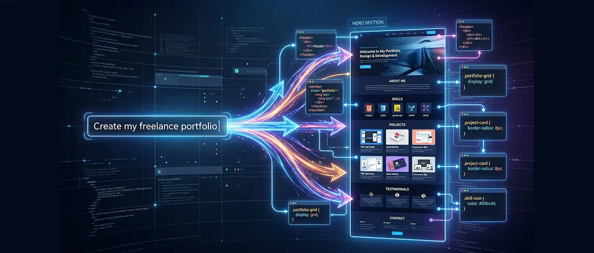 A digital interface demonstrating how AI website creation tools turn text prompts into live designs.