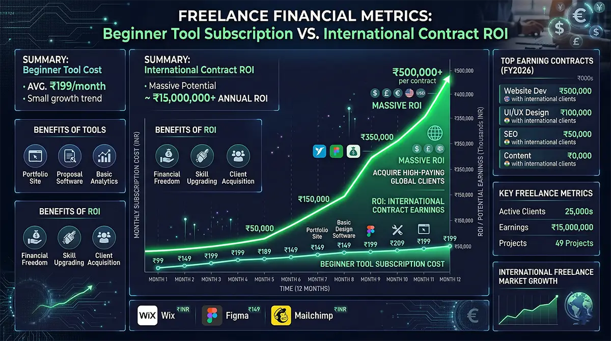 A financial dashboard showing the high ROI of using affordable beginner web tools for freelancers.