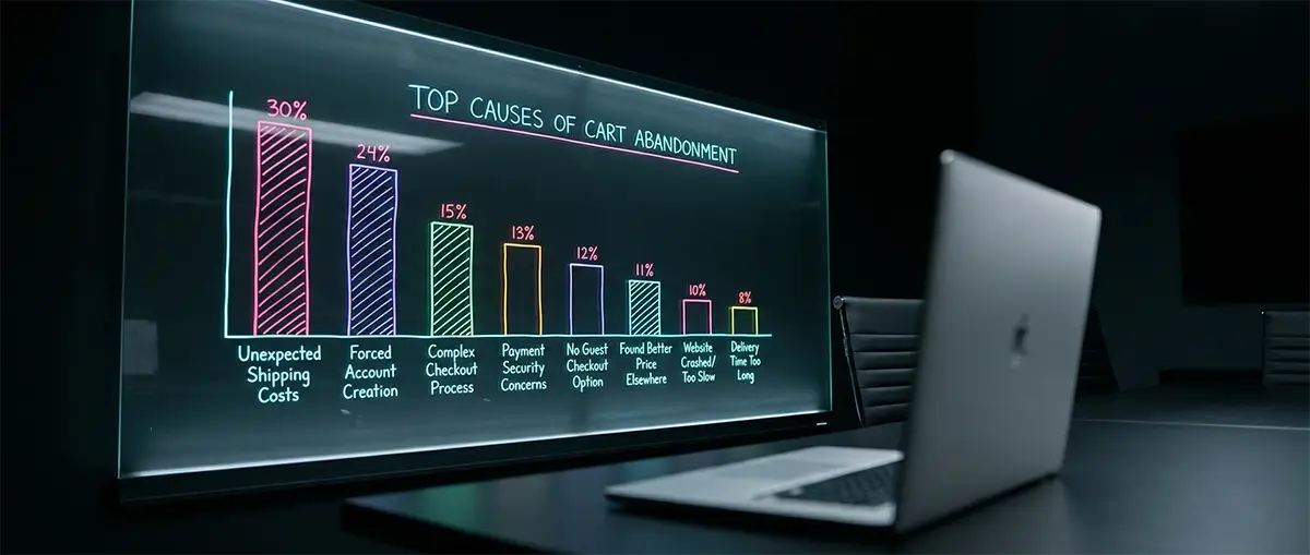 Glowing bar chart displaying the top causes of e-commerce cart abandonment including high shipping costs and forced registration.