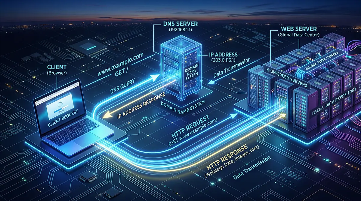 A 3D diagram explaining the client-server model and how DNS servers route web traffic.