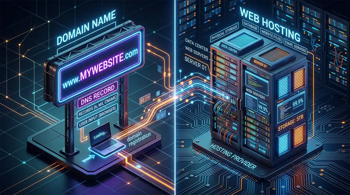 A 3D diagram illustrating the technical difference between a domain name address and a web hosting server.