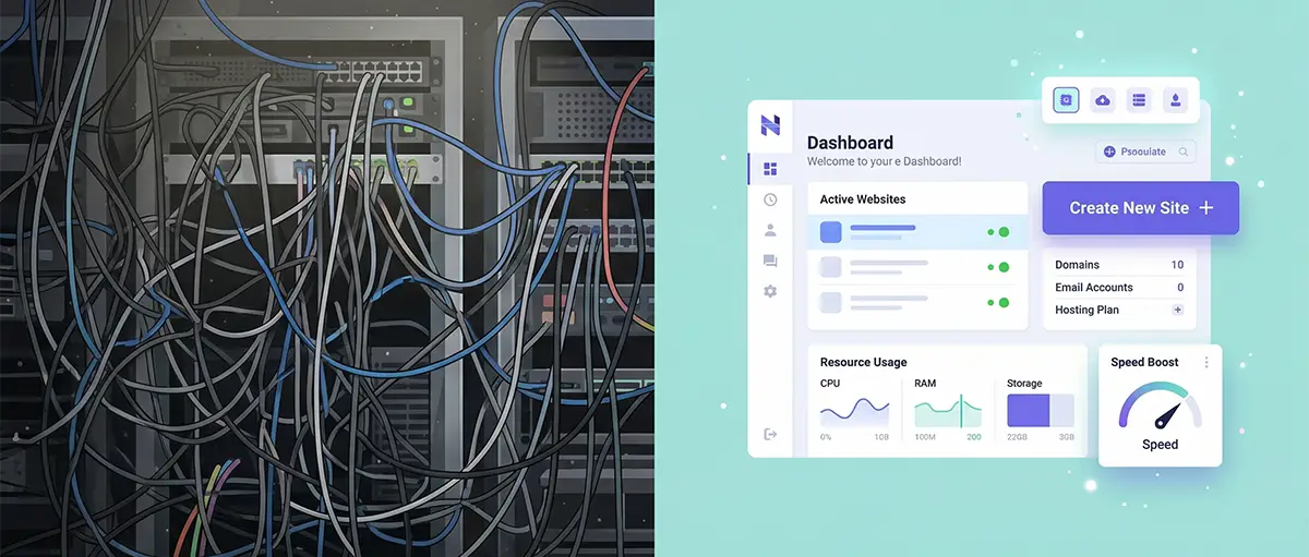 Comparison of complex server management versus an easy beginner hosting control panel.