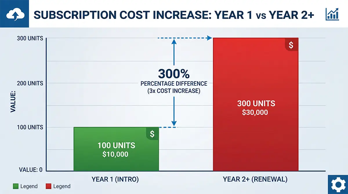 Chart comparing introductory web hosting rates versus actual renewal costs.
