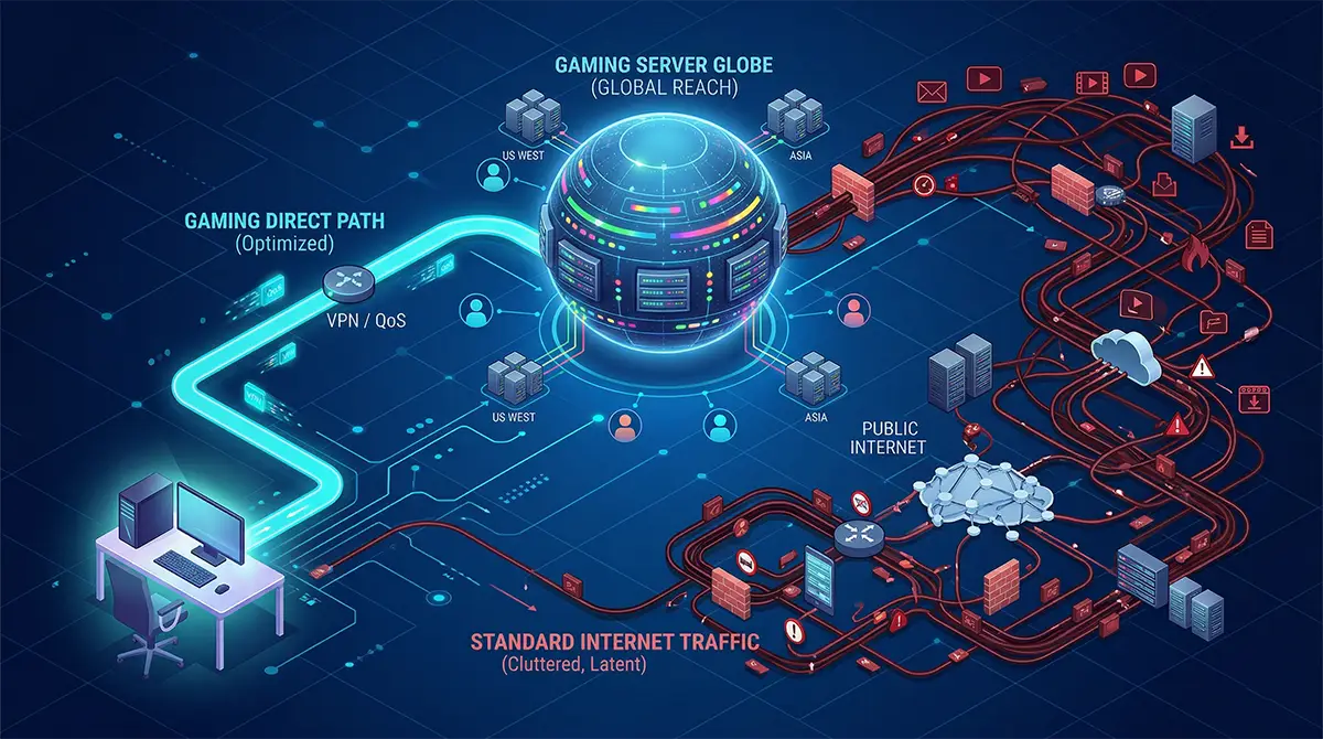 Diagram showing the difference between VPN optimized routing and standard ISP routing.