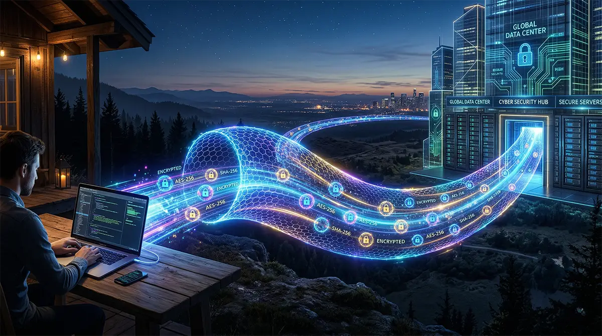 A digital illustration showing how a VPN creates a secure encrypted tunnel between a remote device and a corporate network.