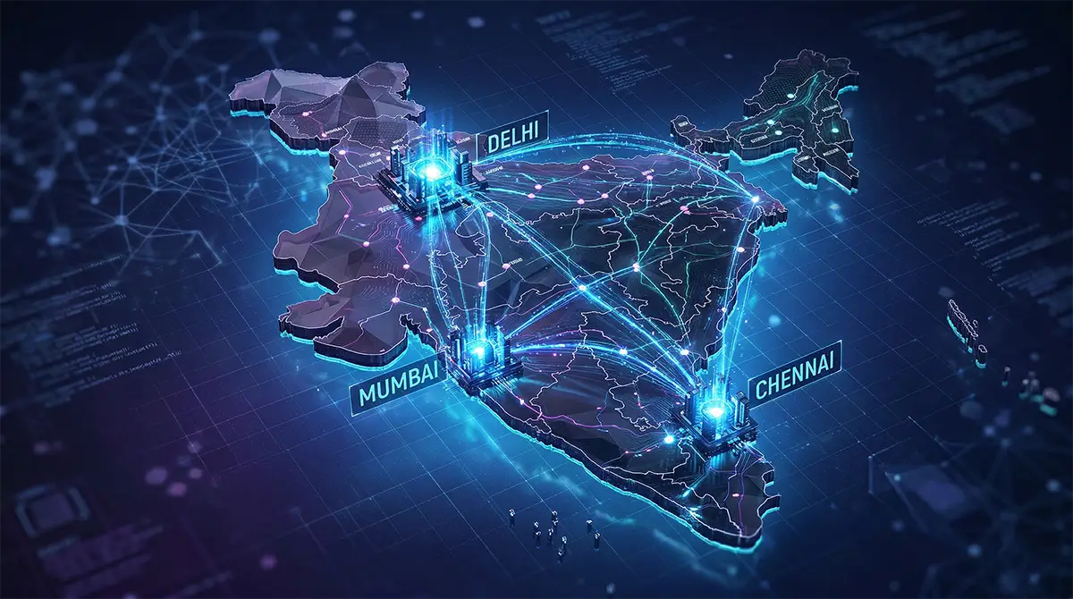 Map of India showing local web hosting server locations for fast speed.