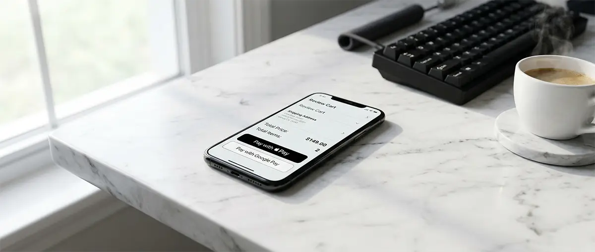 A minimalist and highly optimized mobile e-commerce checkout screen showing digital wallet options.