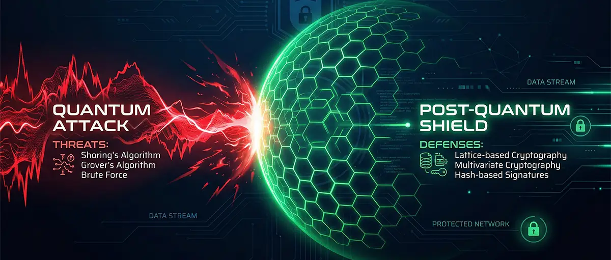 Infographic showing how post-quantum encryption protects VPN data from future threats.