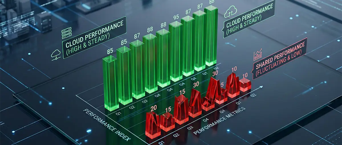 Infographic showing latency and uptime benchmarks for cloud vs shared hosting.