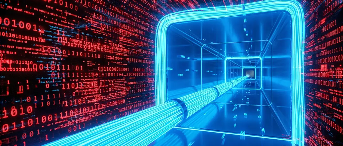 Conceptual 3D render of a secure VPN tunnel protecting data from digital threats.