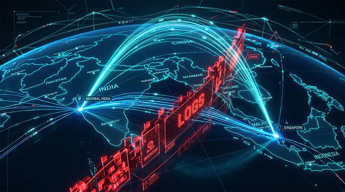 Infographic showing how virtual VPN servers bypass local Indian data logging.