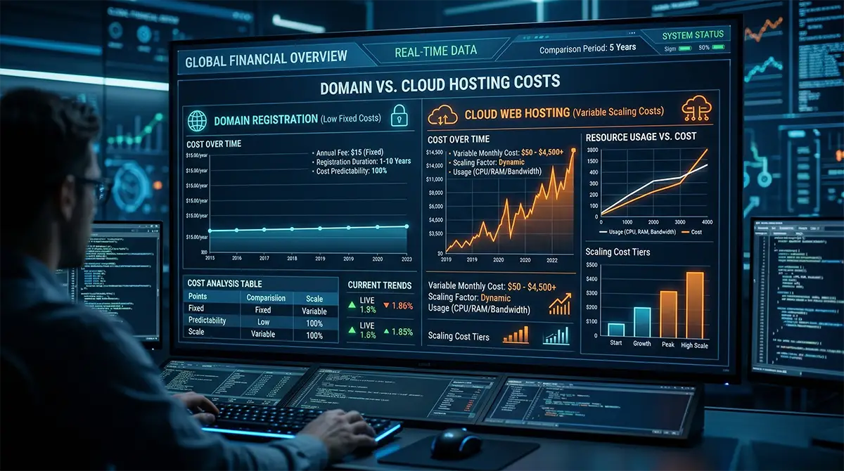 A financial dashboard comparing the costs of domain names and scalable cloud hosting infrastructure.