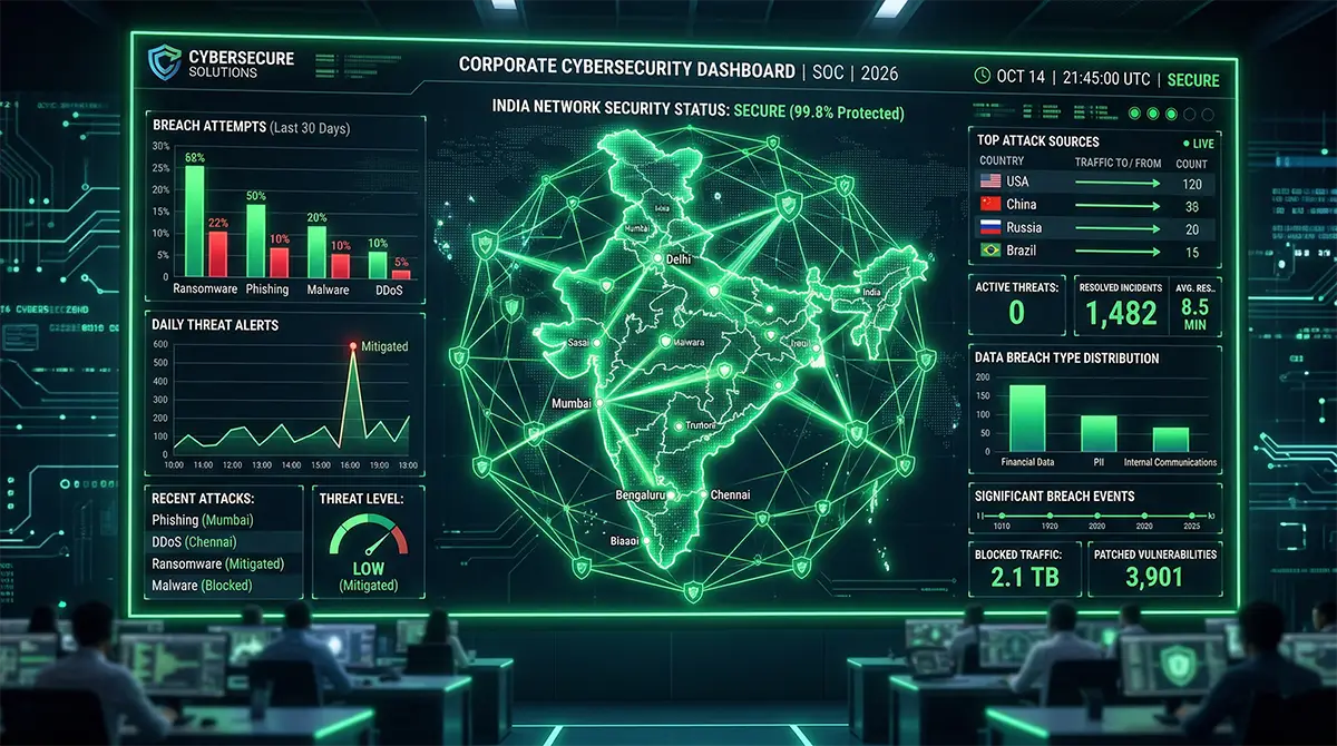 A corporate cybersecurity dashboard displaying the high ROI of enterprise VPNs for Indian companies.
