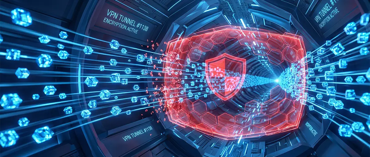 Digital visualization of VPN data packets and firewall security.