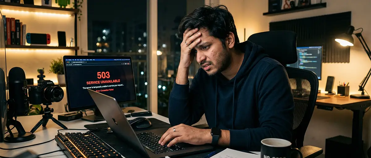 Indian tech blogger experiencing a server crash during a website traffic spike.