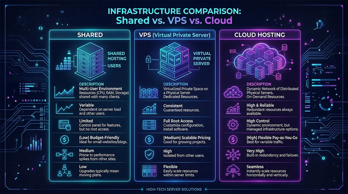 A digital infographic comparing shared hosting, VPS hosting, and cloud hosting architectures.