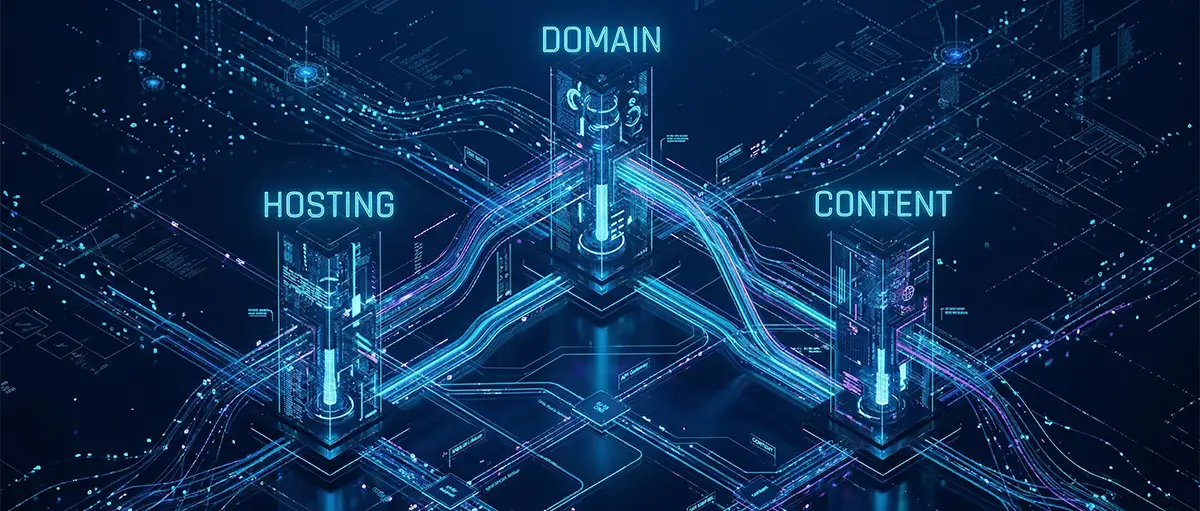 3D diagram representing the connection between domain, hosting, and website content.