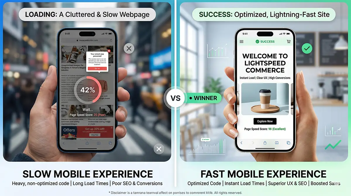 Side-by-side comparison of a slow proprietary website versus a fast optimized self-hosted website.